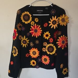Vintage Michael Simon Black Cardigan with Vibrant Floral Accents XL 90s